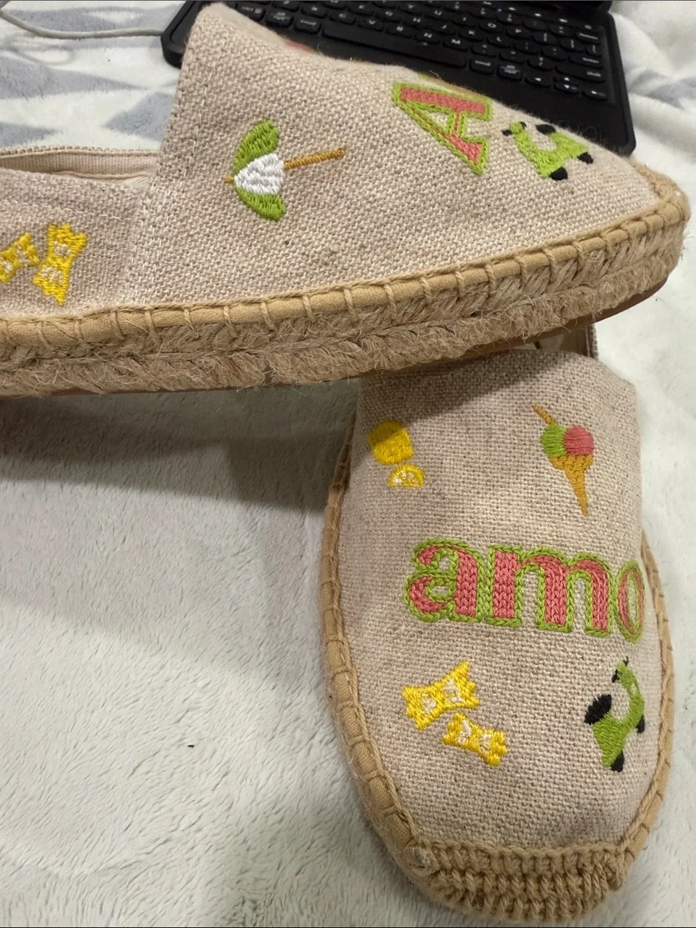 Soludos Cream Canvas Espadrilles with Pink & Green Embroidery. Size 8- 81/2